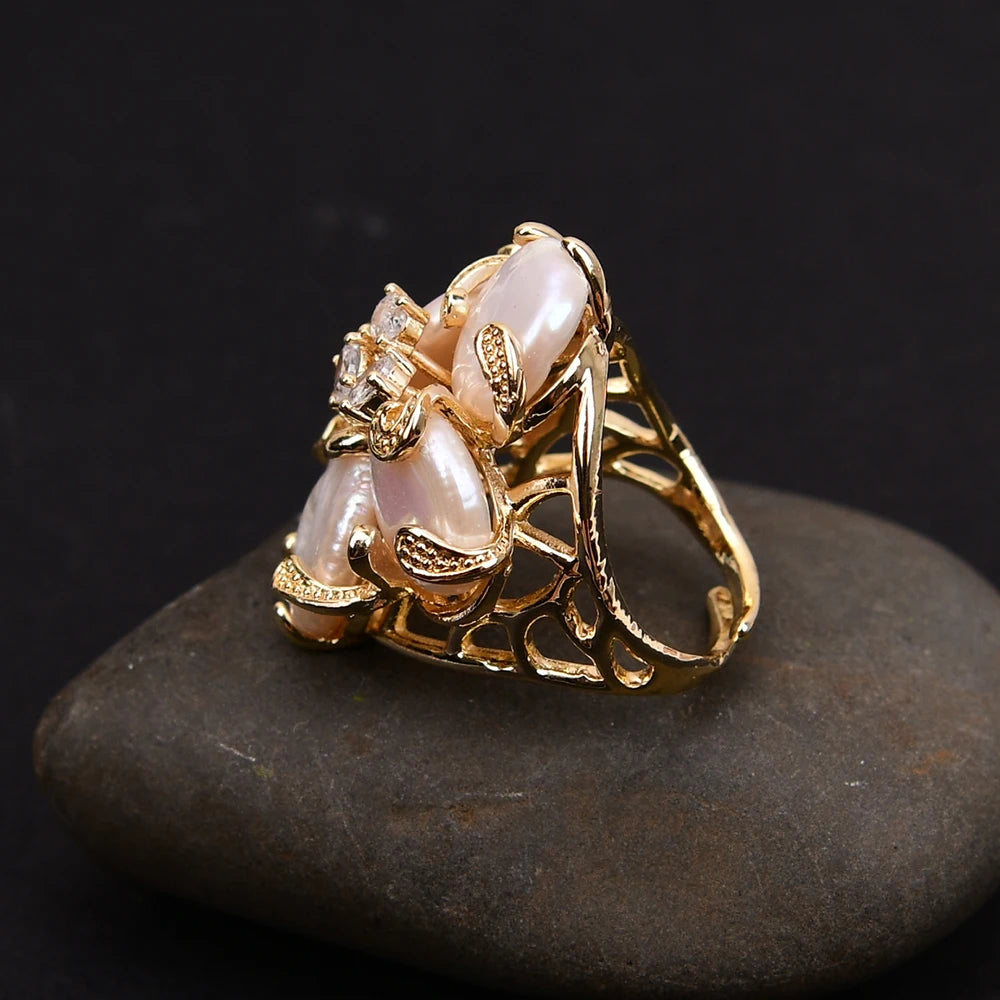 GG Big Natural White Keshi Coin Pearl Paved Clear Crystal Gold Plated Rings Adjustable Ring Gifts For Lady