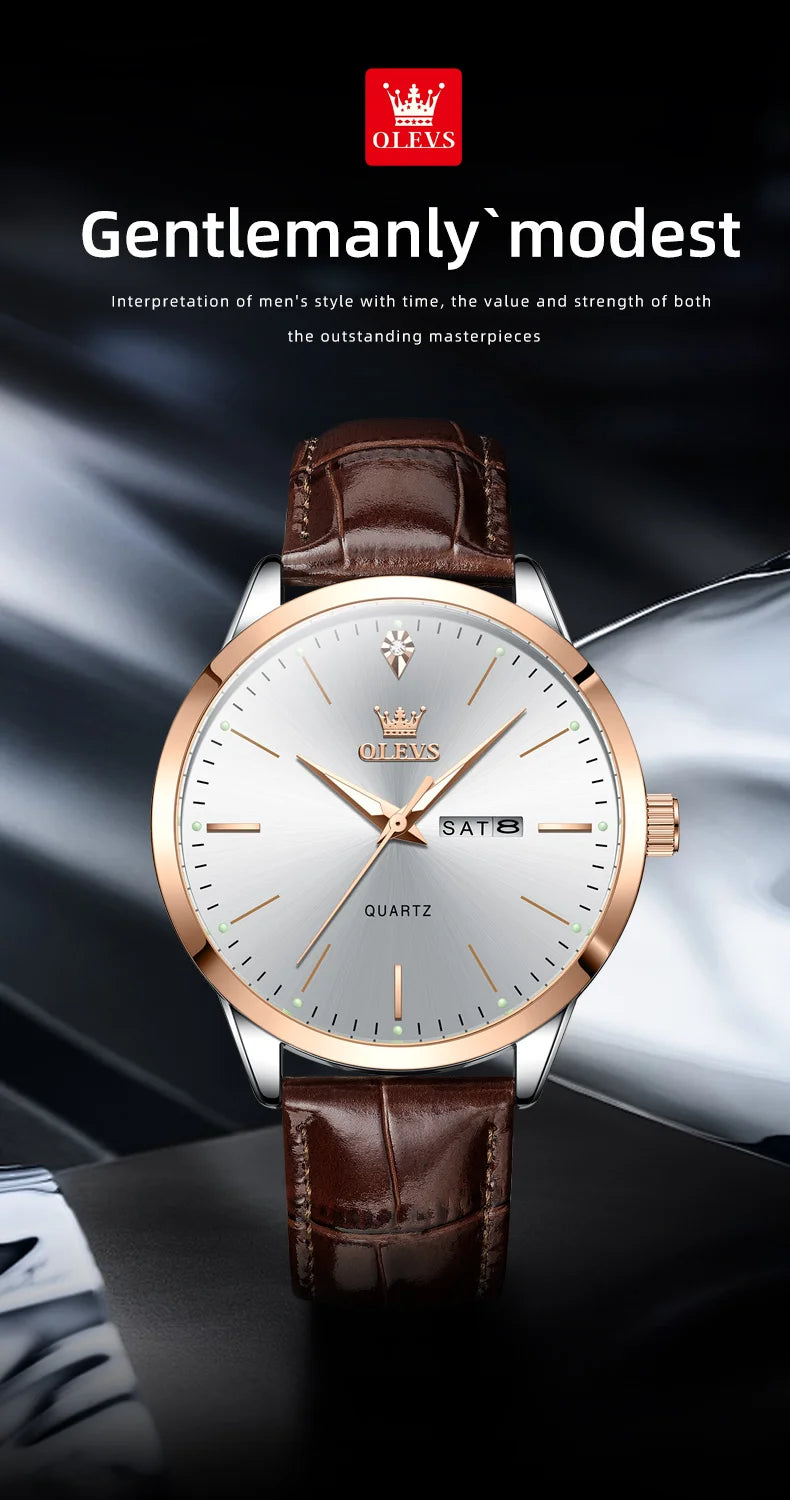 OLEVS 2935 Men Quartz Watch Dual Calendar Luminous Classic Business Watch For Men Fashion Original Waterproof Dress Wristwatch