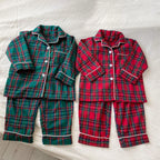 Merry Christmas Kids Pure Cotton Pajamas Set Plaid Print Turn-down Collar Button Shirt Trousers 2 Pieces Suit Homewear Xmas Look