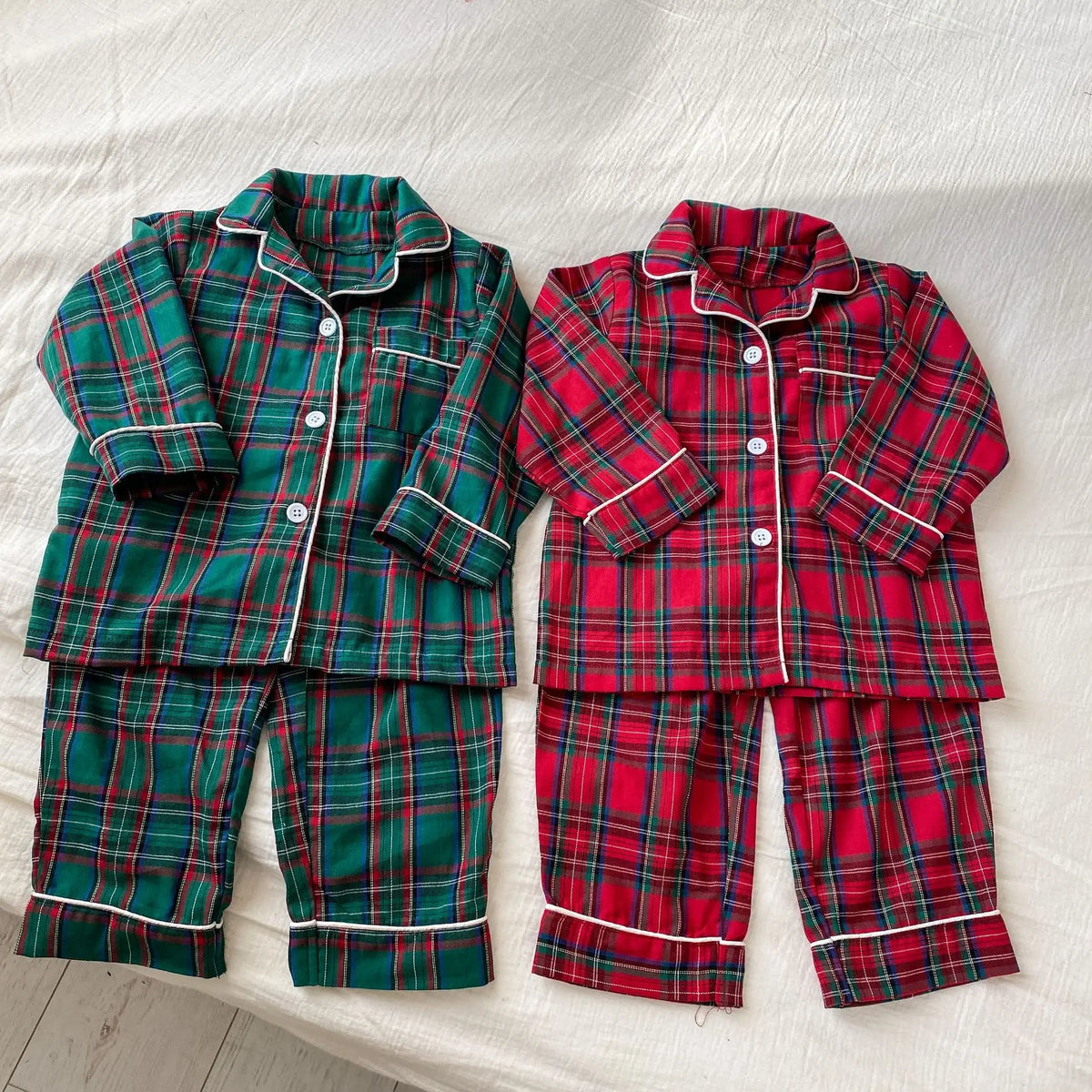 Merry Christmas Kids Pure Cotton Pajamas Set Plaid Print Turn-down Collar Button Shirt Trousers 2 Pieces Suit Homewear Xmas Look