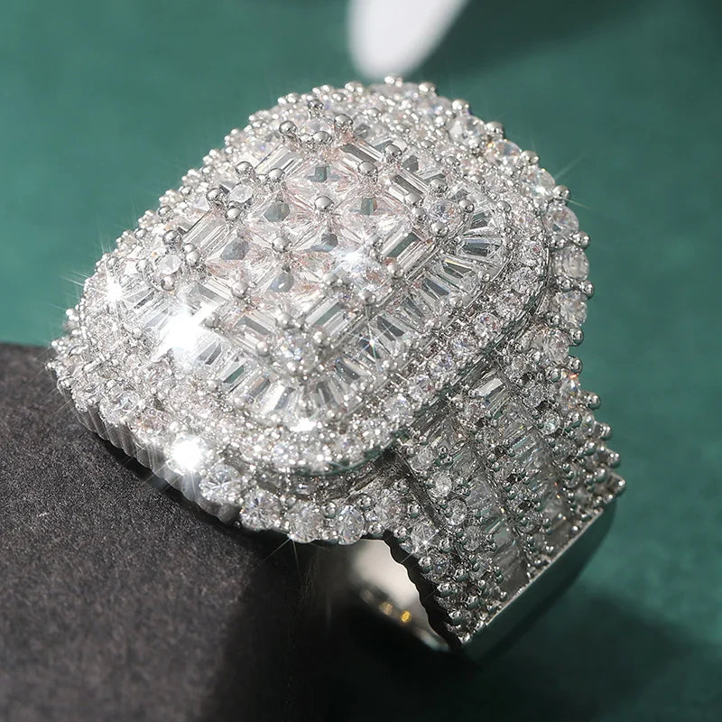 Fashion Geometry Silvery Plated Ring Women Classic Inlaid Full Synthetic Zirconia Wedding Banquet Engagement Jewelry Accessories