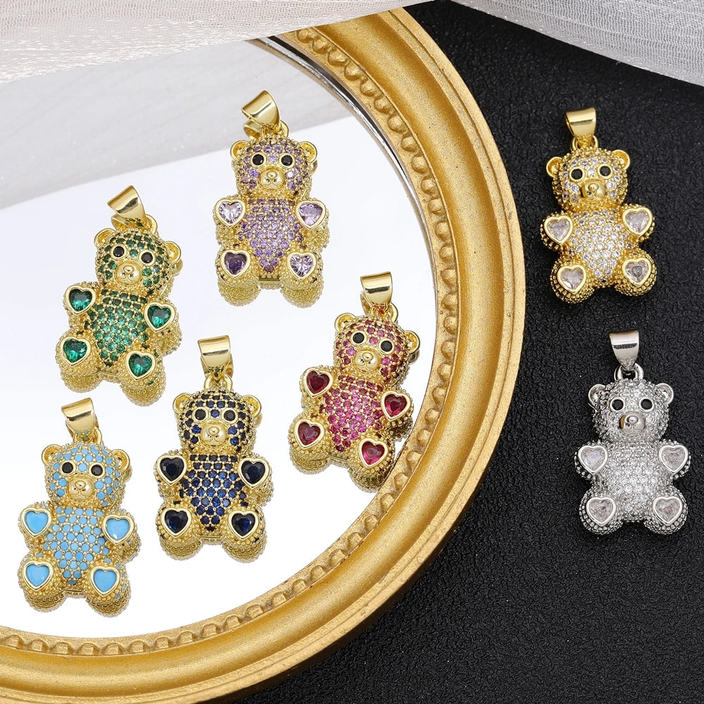 Juya 18K Real Gold Plated Decoration Animal Pendants Cz Bear Charms For DIY Women Kids Luxury Christmas Gift Jewelry Making
