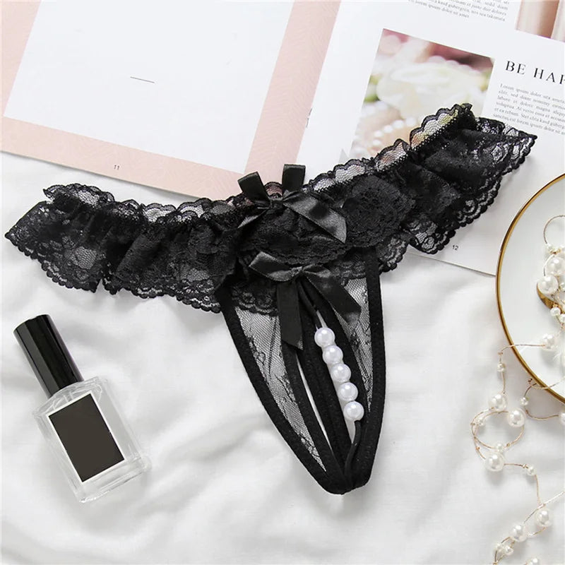 Sexy Pearl Beaded T-shaped Pants Underwear Women Lace Hollow Out Butterfly Embroidered G String Underpants Are Open Summer New