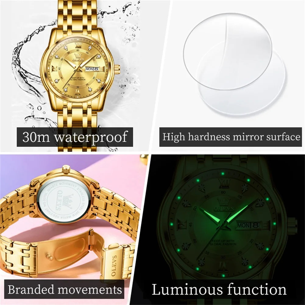 OLEVS 5513 Women's Watches Diamond Dial Dual Calendar Display Stainless steel Ladies Watch