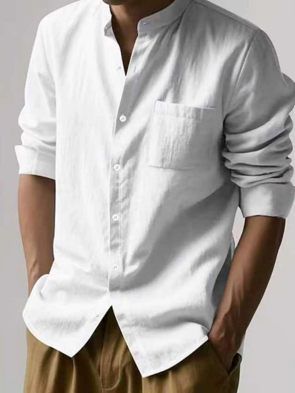 Minimalist Men's White Linen Button-Down Shirt, Stand Collar, Modern Office & Weekend Essential
