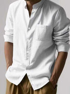Minimalist Men's White Linen Button-Down Shirt, Stand Collar, Modern Office & Weekend Essential