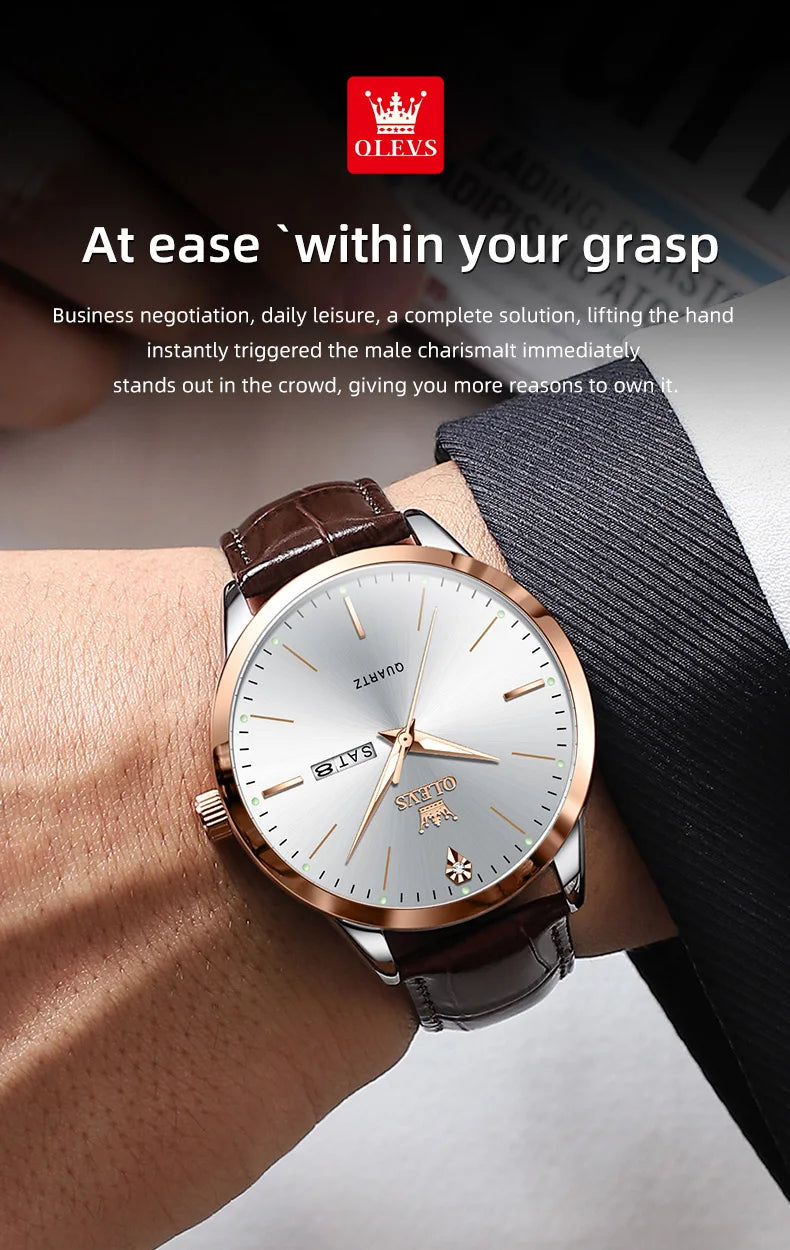 OLEVS 2935 Men Watch Luxury Brand Quartz Watch Business Leather Strap Double Calendar Waterproof Men's Watch Relogios Masculino