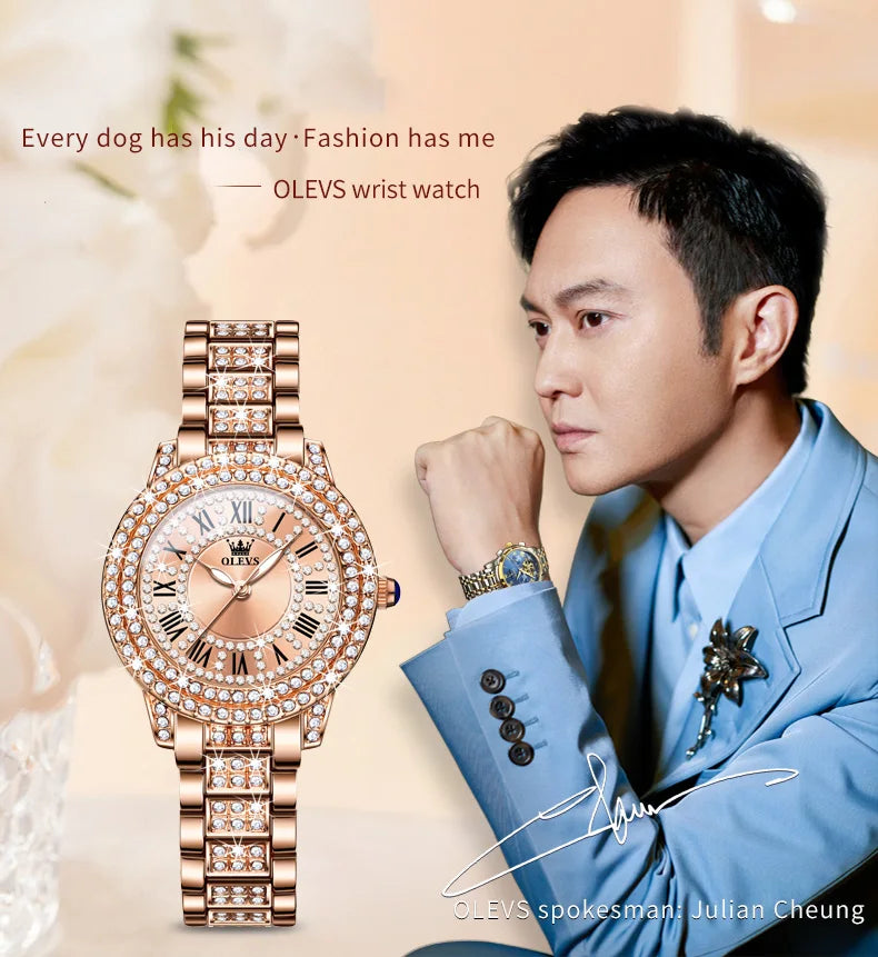 OLEVS 9943 Fashion Ladies Watch Full Diamond Roman Dial Waterproof Elegant Original Quartz Wristwatch For Women