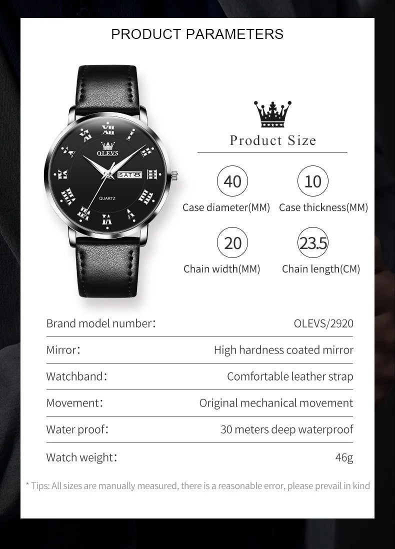 OLEVS 2920 Men Watch Fashion Business Roman Scale Waterproof Clock Luxury Brand Quartz Watch Leisure Calendar Week Men Watch