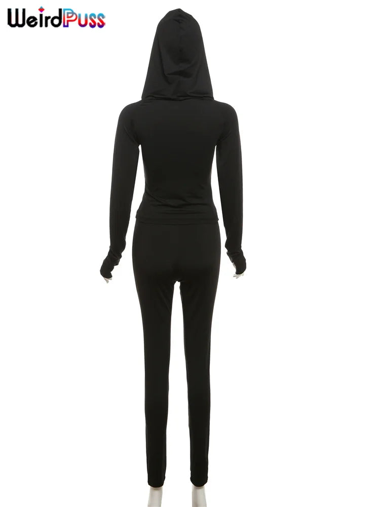 Weird Puss Sporty Casual 2 Piece Set Women Tracksuit Hooded Zip Crop Tops+Leggings Fitness Soft Stretch Streetwear Activity Suit