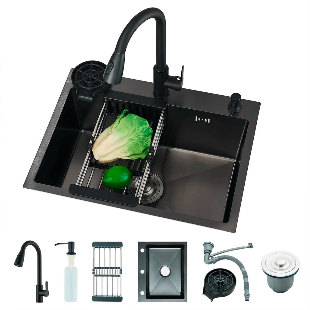 Matte Black 304 Stainless Steel kitchen Sinks Cold And Hot Water Mixer With Soap Dispenser And Cup Washer