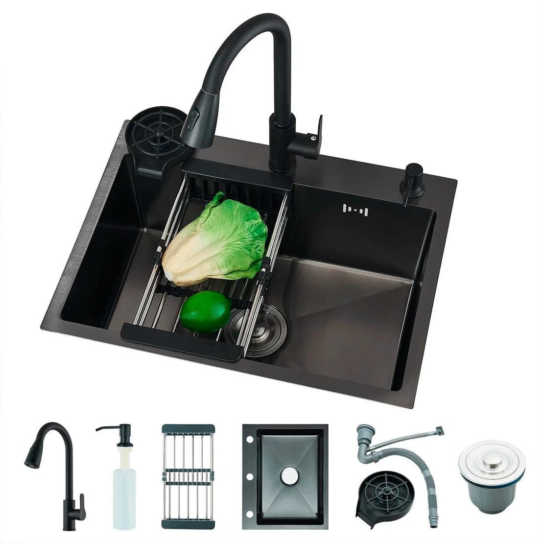 Matte Black 304 Stainless Steel kitchen Sinks Cold And Hot Water Mixer With Soap Dispenser And Cup Washer