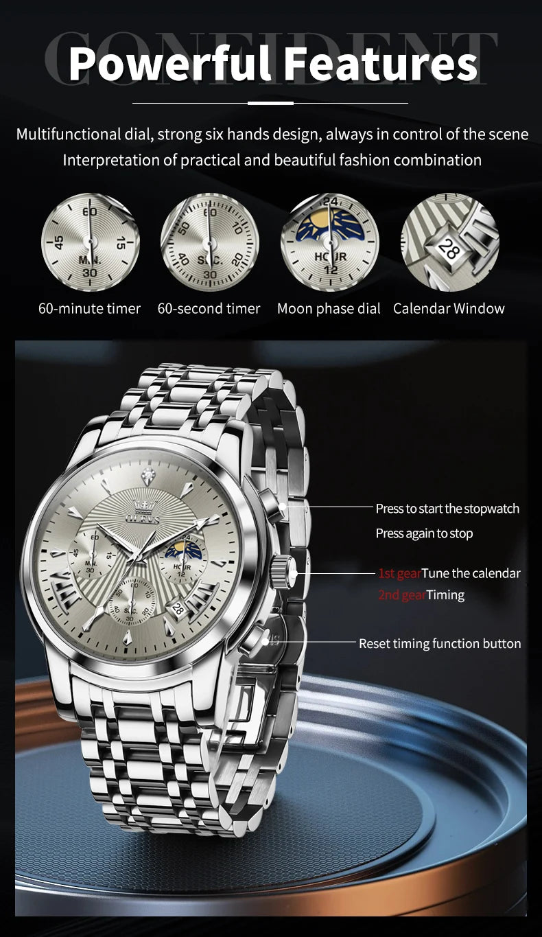 OLEVS 2892 Men Watch Original Quartz Watch Luxury Waterproof Luminous Calendar Moon Phase Chronograph Business Sports Men Watch