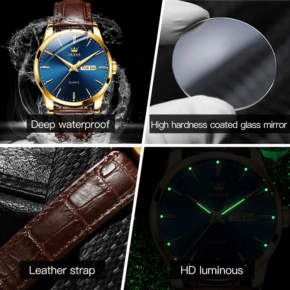 OLEVS 6898 Luxury Waterproof Quartz Watch for Men Sports Shock-resistant Calendar Genuine Leather Luminous Mens Wristwatches