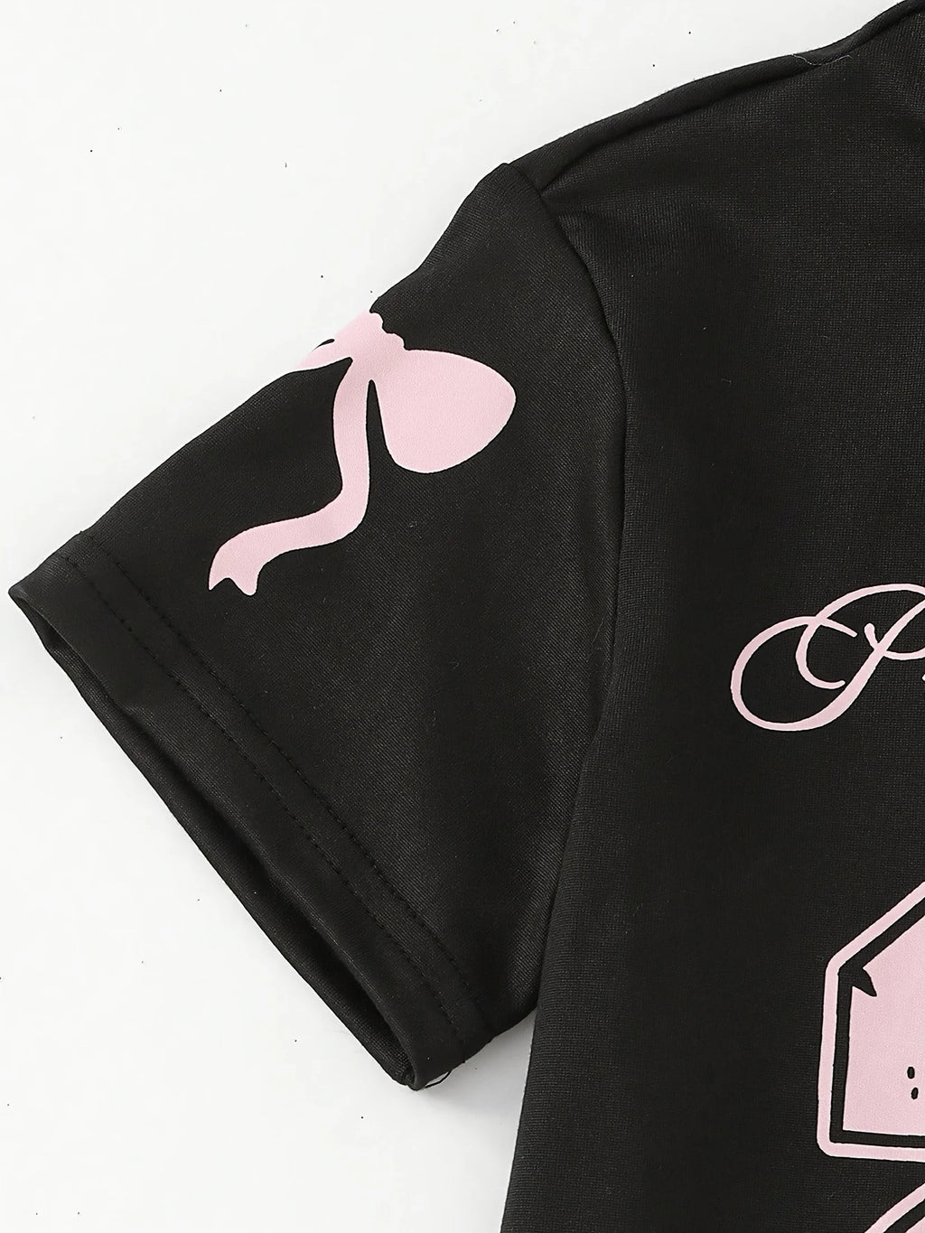Kids Girls 2-Piece Casual Outfit, Black Pink Number 23 Bow Print Short Sleeve T-Shirt & Side Stripe Bow Decor Wide Leg Pants Set