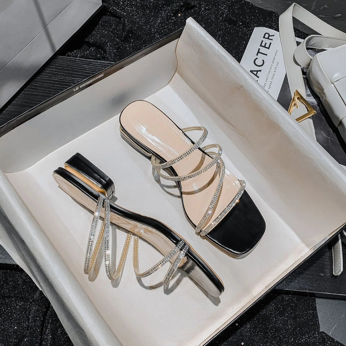 crystal narrow band sandalias mujer low heel clear slippers women rhinestone strap flip flops shiny party shoes big size 43