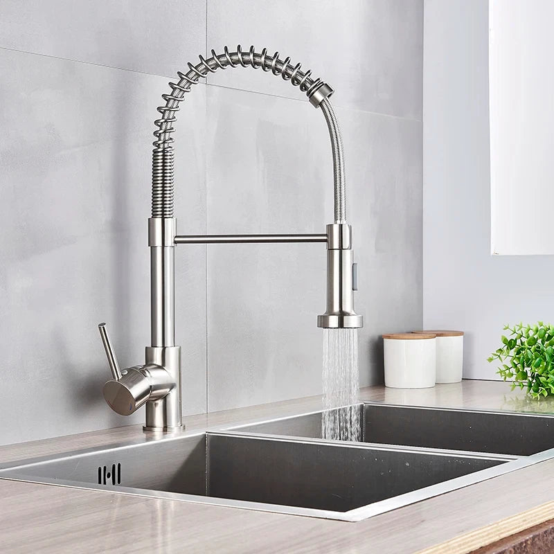 Spring Brushed Nickel Kitchen Faucet Deck Mounted Mixer Tap 360 Degree Rotation Stream Sprayer Nozzle Kitchen Sink Hot Cold Taps
