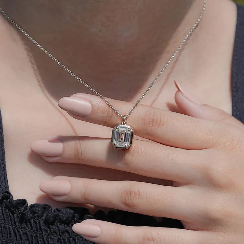 OXTAO Emerald Cut Minimalist Solitaire Pendant Necklace for Women 4CT Moissanite Charm Necklace Wedding Jewelry 14K Gold Filled