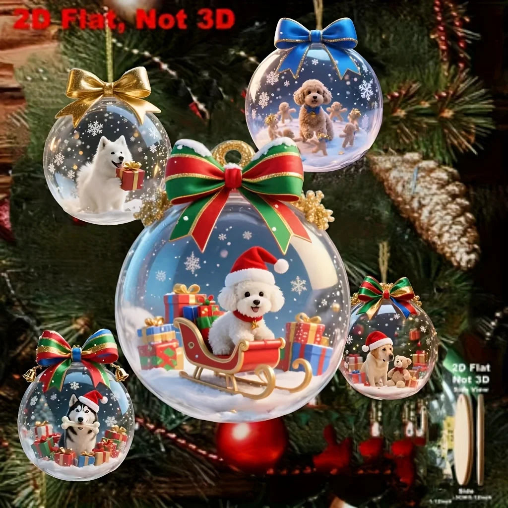8Piece Set of Holiday Christmas Cute Dog 2D Wooden Pendant Ball Decoration for Home Window Office Classroom Yard and Party Decor