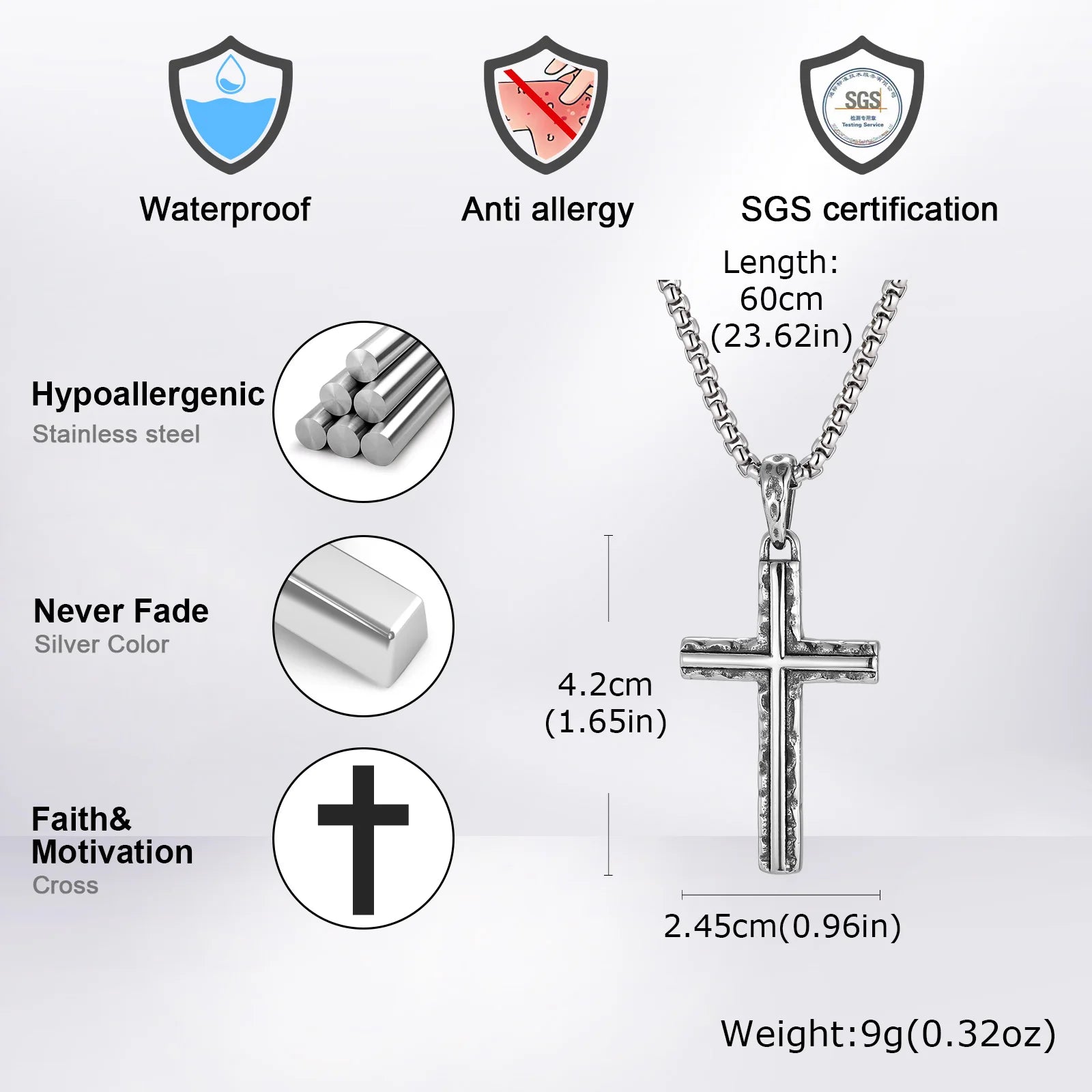 Hammer Pattern Cross Necklace for Men,Retro Grey Stainless Steel Cross Pendant Necklace, Stylish Jewelry Gift for Him Dad