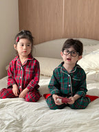 Merry Christmas Kids Pure Cotton Pajamas Set Plaid Print Turn-down Collar Button Shirt Trousers 2 Pieces Suit Homewear Xmas Look