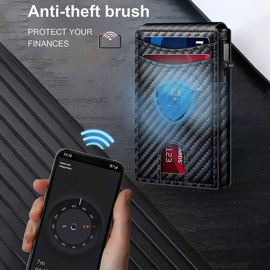 Men Carbon Fiber RFID Pop‑Up Credit Card Holder Magnetic Closure Slim Wallet With ID Window External Card Pocket