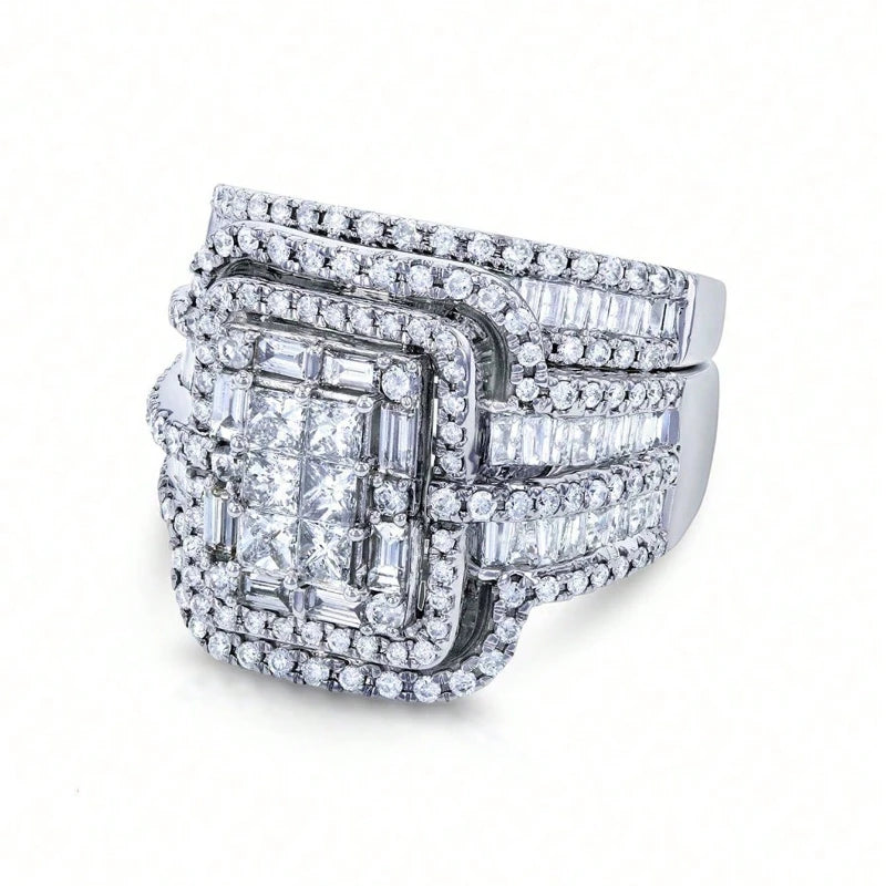 2pcs/set Luxury Exaggerated Ladies Sparkling Square Zirconia Ring Set for Bridal Wedding Valentine's Day Gift Eternity Jewellery