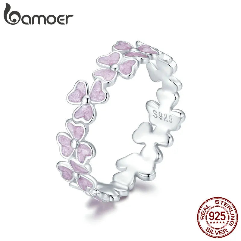 BAMOER 925 Sterling Silver Purple Flower Finger Ring Enamel Wreath Ring for Women Girls Birthday Gift Party Jewelry