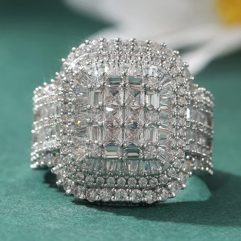 Fashion Geometry Silvery Plated Ring Women Classic Inlaid Full Synthetic Zirconia Wedding Banquet Engagement Jewelry Accessories