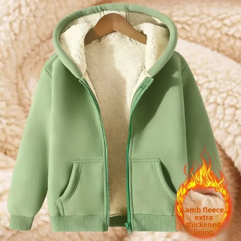 Thickened Lamb Velvet Hooded Cardigan Pure Color Oversize Sweatshirt Men Women Korean Style Winter Warm Casual Outerwear