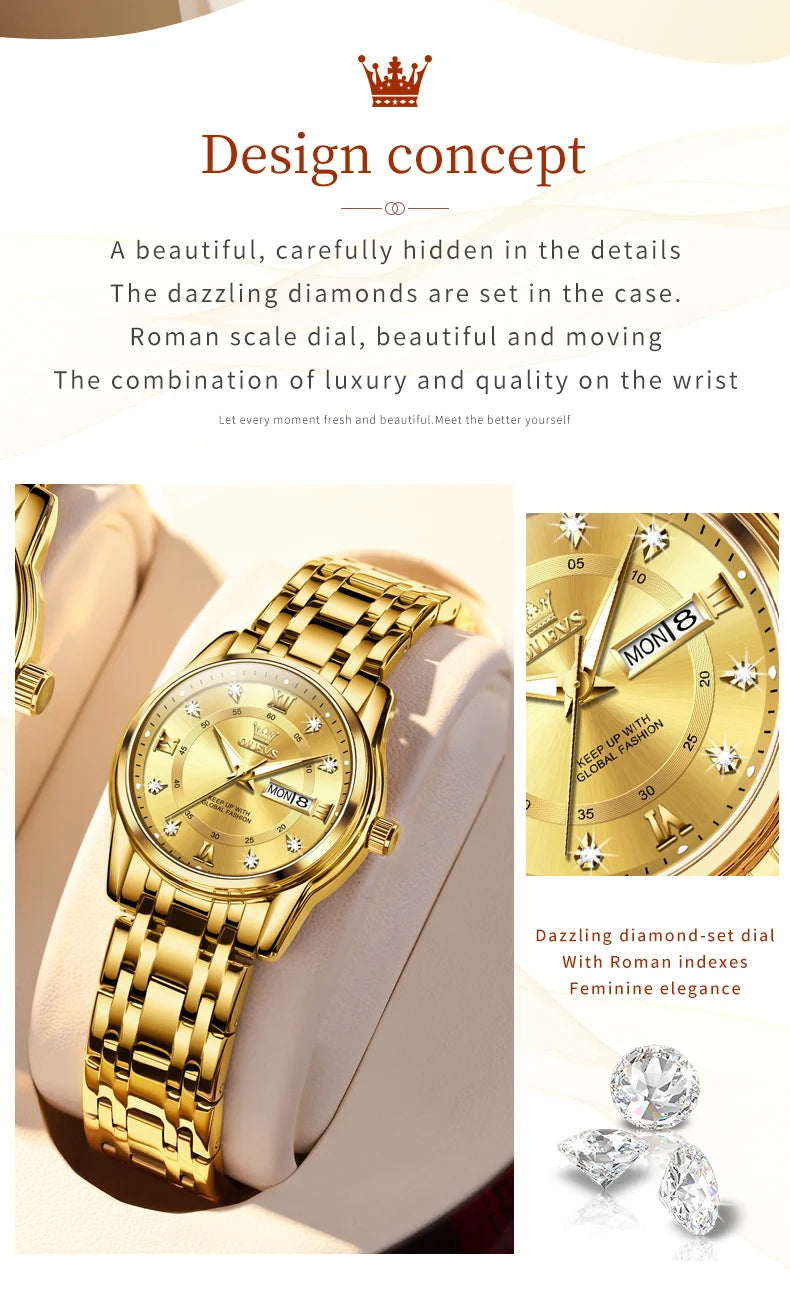 OLEVS 5513 Women's Watches Diamond Dial Dual Calendar Display Stainless steel Ladies Watch