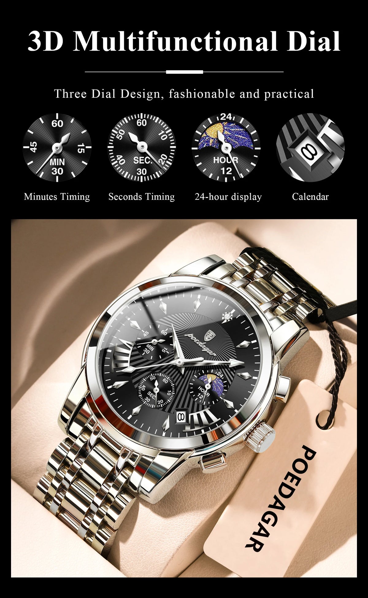 POEDAGAR Original Military Men Watches Waterproof Luminous Date Chronograph Man Watch Stainless Steel Men's Quartz Watches Reloj