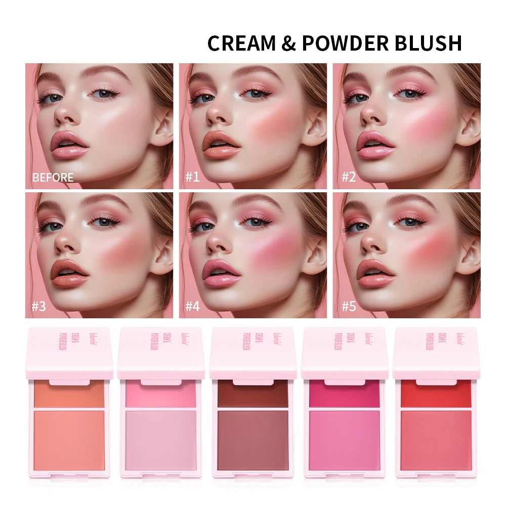 2IN1 Pink Blush Matte Dewy Rosy Blush With Brush Makeup Pan Long Wearing High Pigment Orange Red Cream & Powder Blush Palette