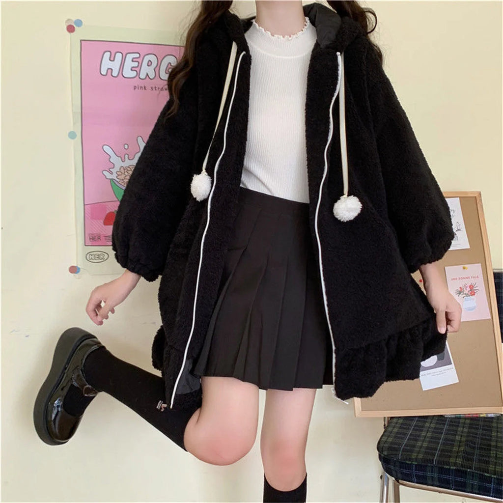 Winter Hoodies Warm Kawaii Rabbit Ears Women Sweatshirt Girl Lolita Hooded Zip-up Casual Sweatshirts Harajuku Hoodie Long Sleeve