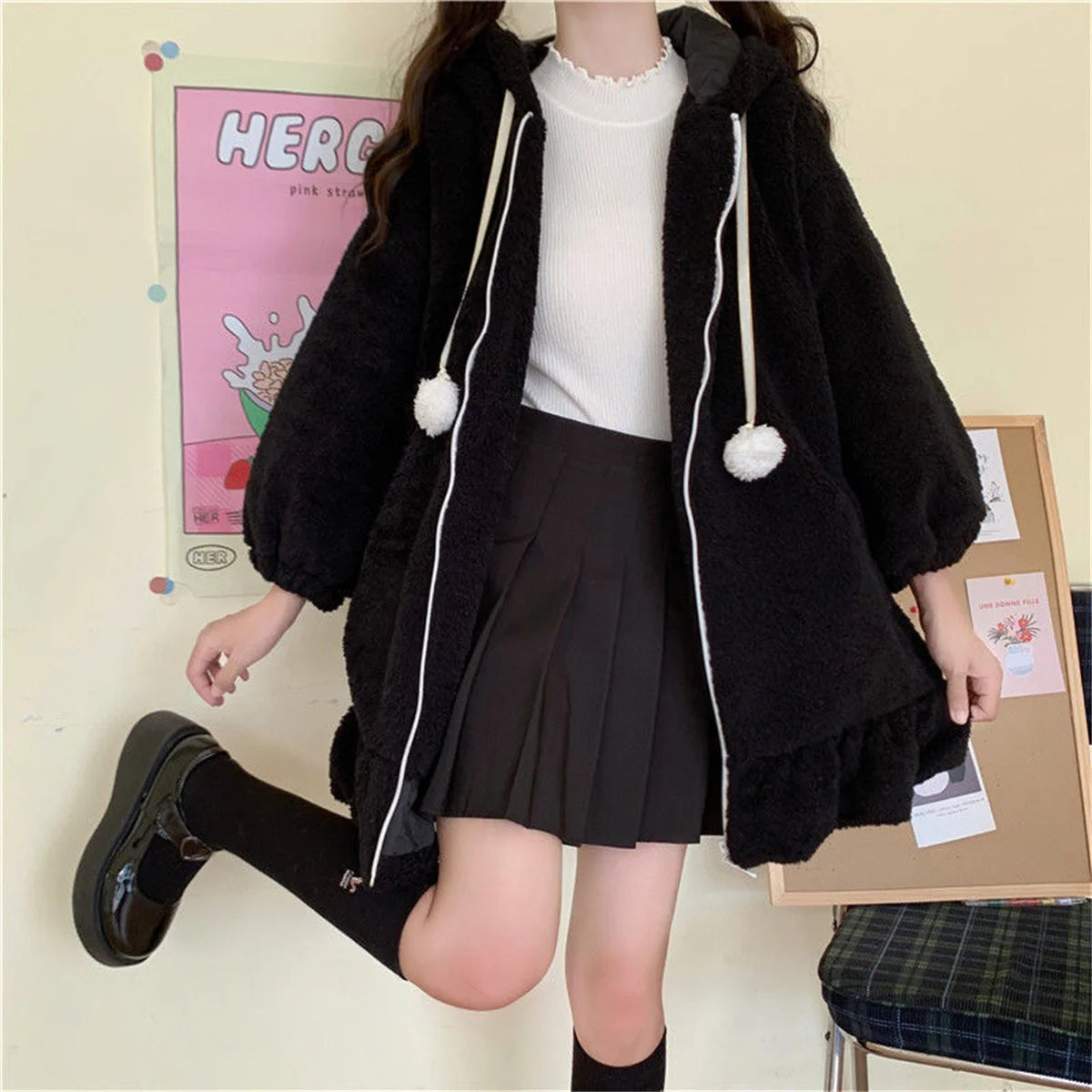 Winter Hoodies Warm Kawaii Rabbit Ears Women Sweatshirt Girl Lolita Hooded Zip-up Casual Sweatshirts Harajuku Hoodie Long Sleeve