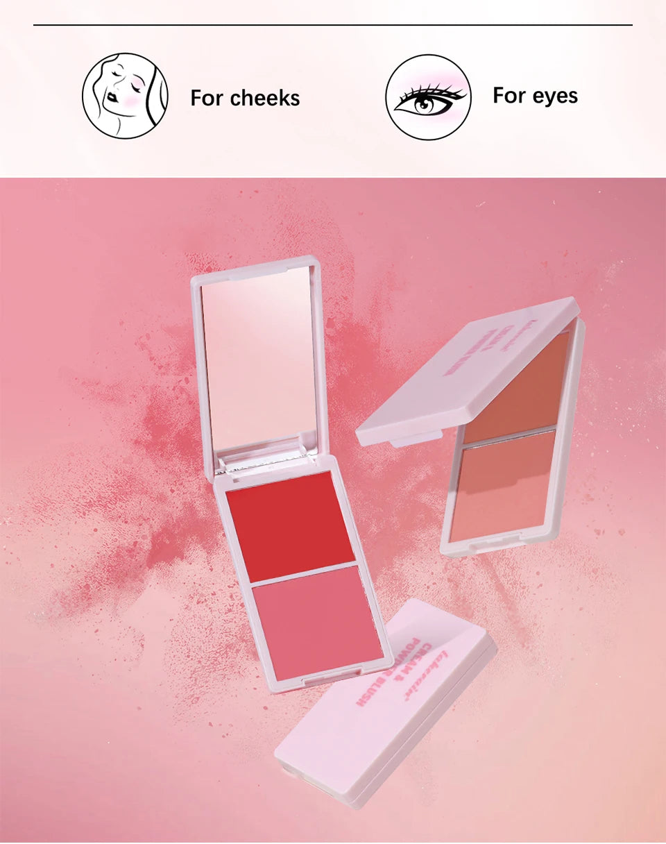 2IN1 Pink Blush Matte Dewy Rosy Blush With Brush Makeup Pan Long Wearing High Pigment Orange Red Cream & Powder Blush Palette