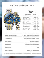 OLEVS Brand 2025 New Luxury Tourbillon Couple Quartz Watch Stainless Steel Waterproof Luminous Fashion Moon Phase Watches Lovers