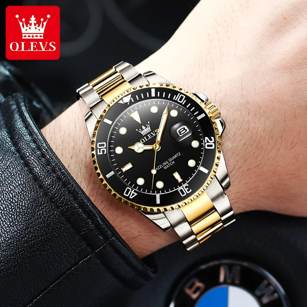 OLEVS 5885 Stainless Steel Calendar Luminous Mens Wristwatch Luxury Stainless Steel Waterproof Quartz Watch for Men Sport Reloj