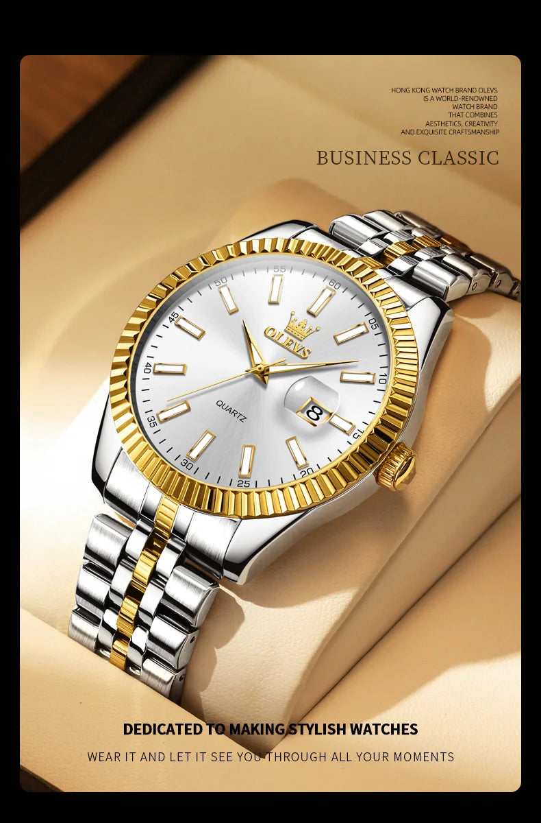 OLEVS 5593 Original Quatz Watch For Men Luxury Top Brand Stainless Steel Waterproof Auto Date HD Luminous Luxury Man Watch