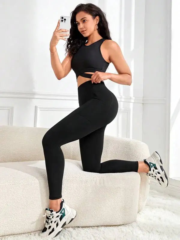 Women's high-waisted solid color pocket yoga leggings, slim-fit stretch leggings, comfortable and breathable fitness pants