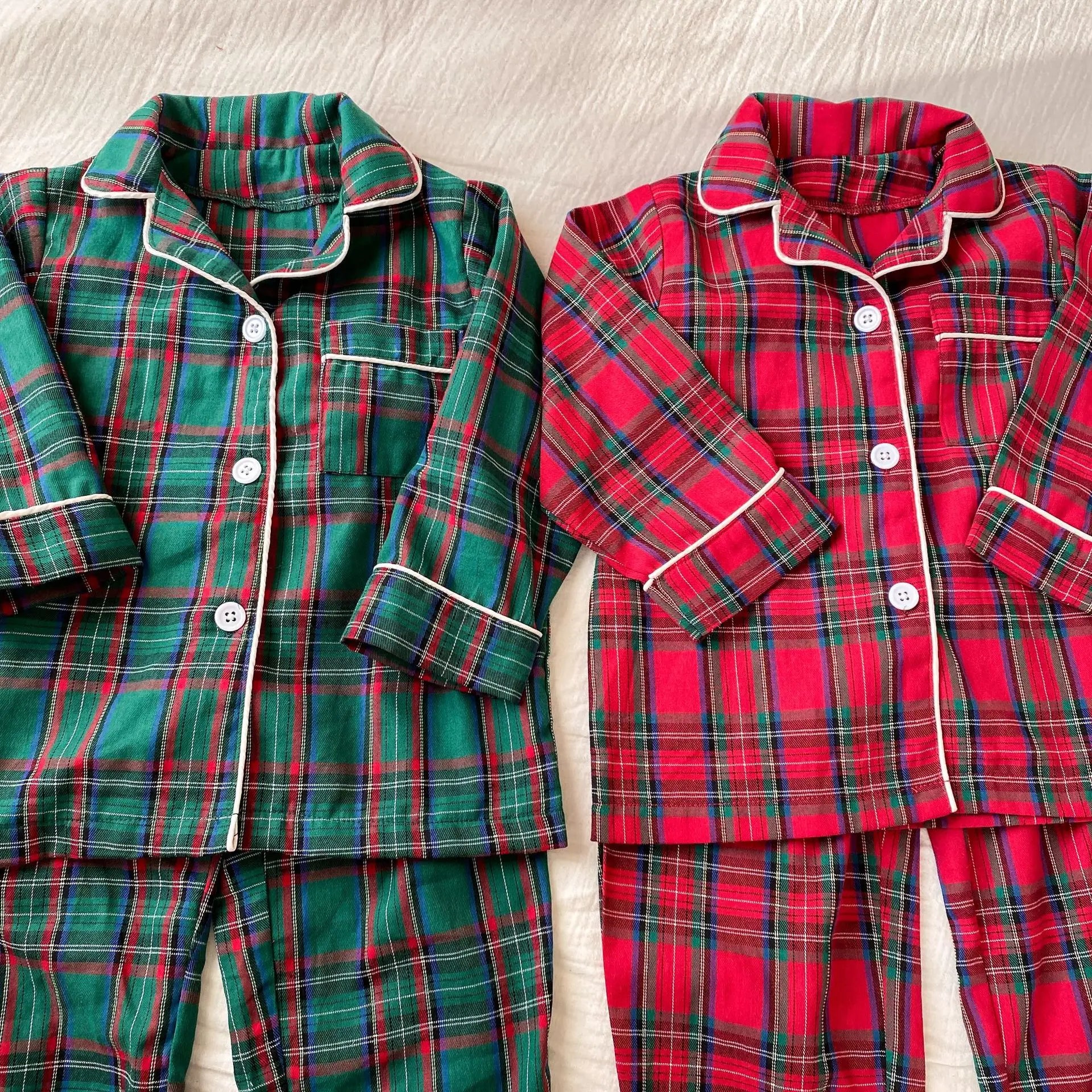Merry Christmas Kids Pure Cotton Pajamas Set Plaid Print Turn-down Collar Button Shirt Trousers 2 Pieces Suit Homewear Xmas Look