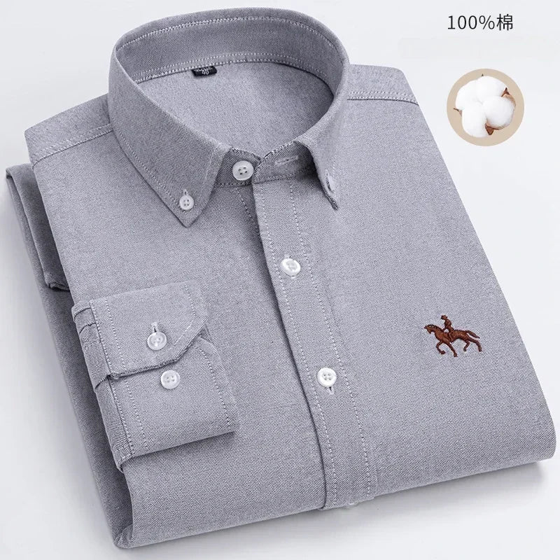 100% Pure Cotton Men's Long Sleeve Shirt Business Casual Solid Color Embroidered Oxford Spun Shirt