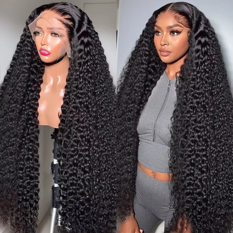 40 Inch Natural Black Water Deep Wave Human Hair Wigs For Women, 13x4 13x6 HD Transparent Lace Frontal Wig 200 Density Pre Plucked Glueless Lace Front Wig