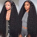 40 Inch Natural Black Water Deep Wave Human Hair Wigs For Women, 13x4 13x6 HD Transparent Lace Frontal Wig 200 Density Pre Plucked Glueless Lace Front Wig