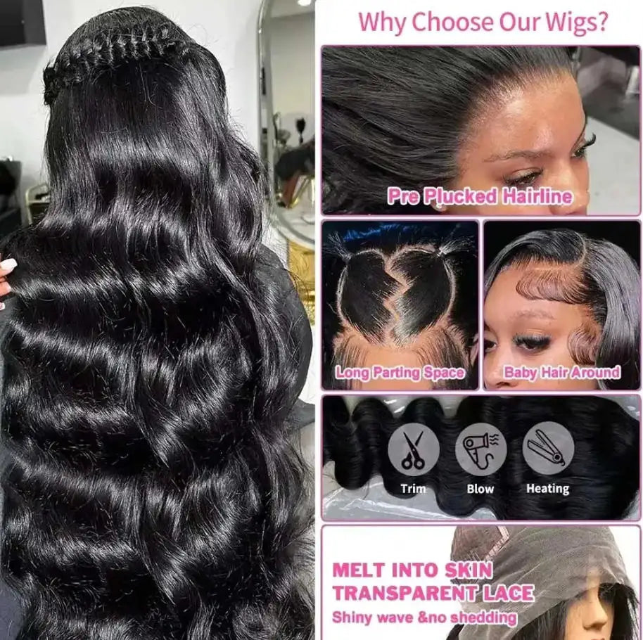 40 42 Inches Silky Smooth Natural Black Body Wave Virgin Lace Wig 16 To 42 Inches 13x6 Wide HD Lace Front 13x4 Daily Lace 250 Density Pre Plucked Undetectable Hairline