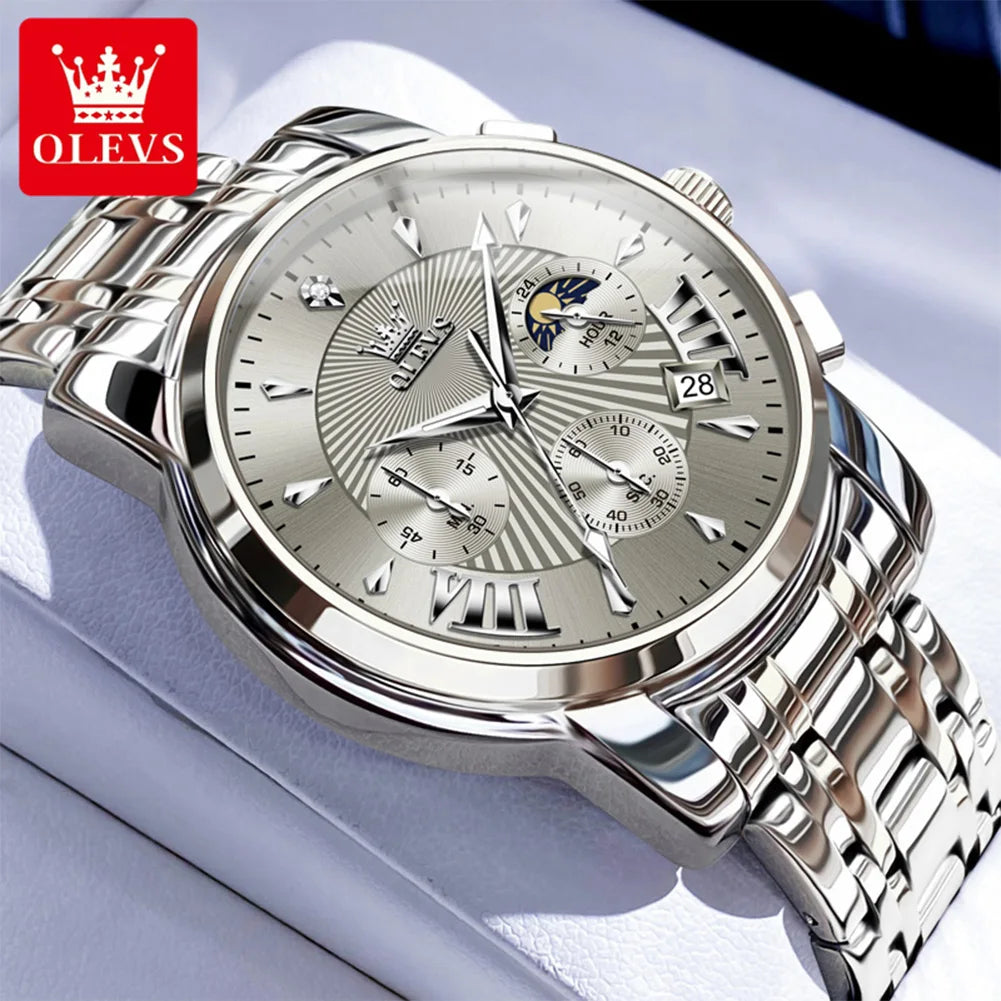OLEVS 2892 Men Watch Original Quartz Watch Luxury Waterproof Luminous Calendar Moon Phase Chronograph Business Sports Men Watch