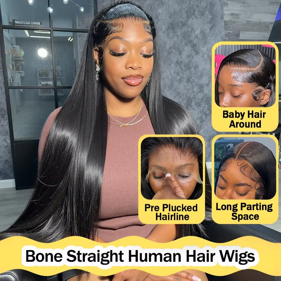 Straight Human Hair 13x6 13X4 Transparent HD Lace Front Wig 7x6 HD Lace Pre Plucked Wig 200 Density 40 42 Inches Natural Color Brazilian Hair Wig For Women Beginner Friendly