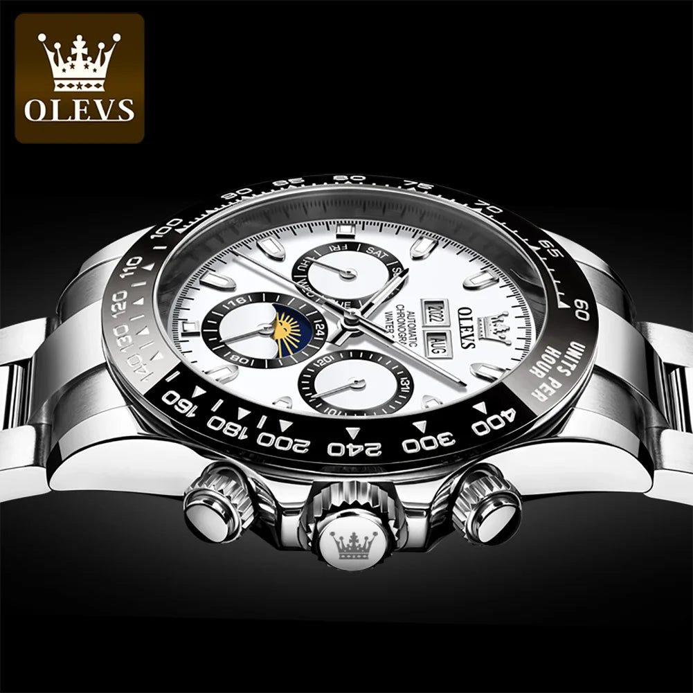 OLEVS 6654 Luxury Brand Original Automatic Man Watch Stainless Steel Waterproof Moon Phase Dual Calendar Mechanical Wristwatches