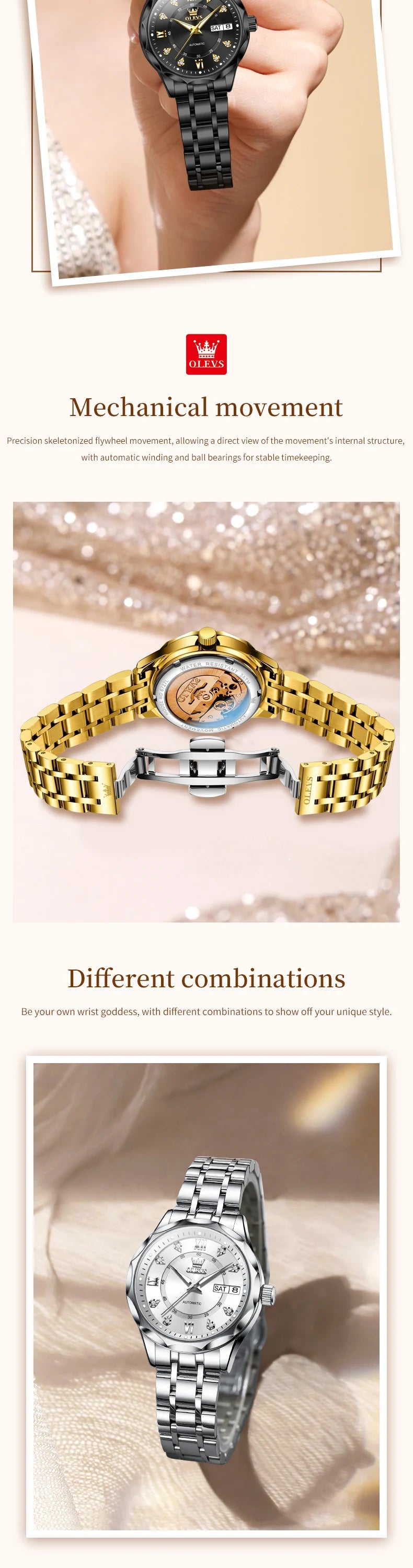 OLEVS 6727 Fashion Elegant Women's Automatic Mechanical Watches Simple Versatile 30m Waterproof Original Lady Wristwatch Genuine