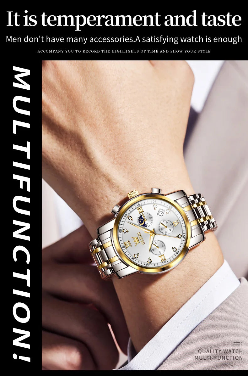 OLEVS 2858 Men's Watches Stainless Steel Waterproof Anti-Scratch Moon Phase Luminous Chronograph Luxury Quartz Men's Wristwatch